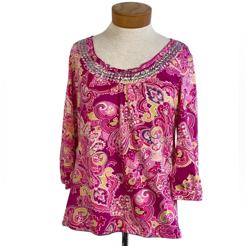 CARIBBEAN JOE Pink Paisley Jeweled Neckline Top Med